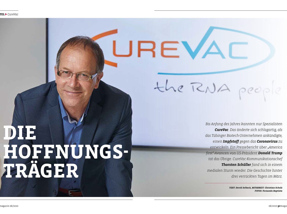 Titelstory prmagazin über curevac Chef-Kommunikator Thorsten Schüller.