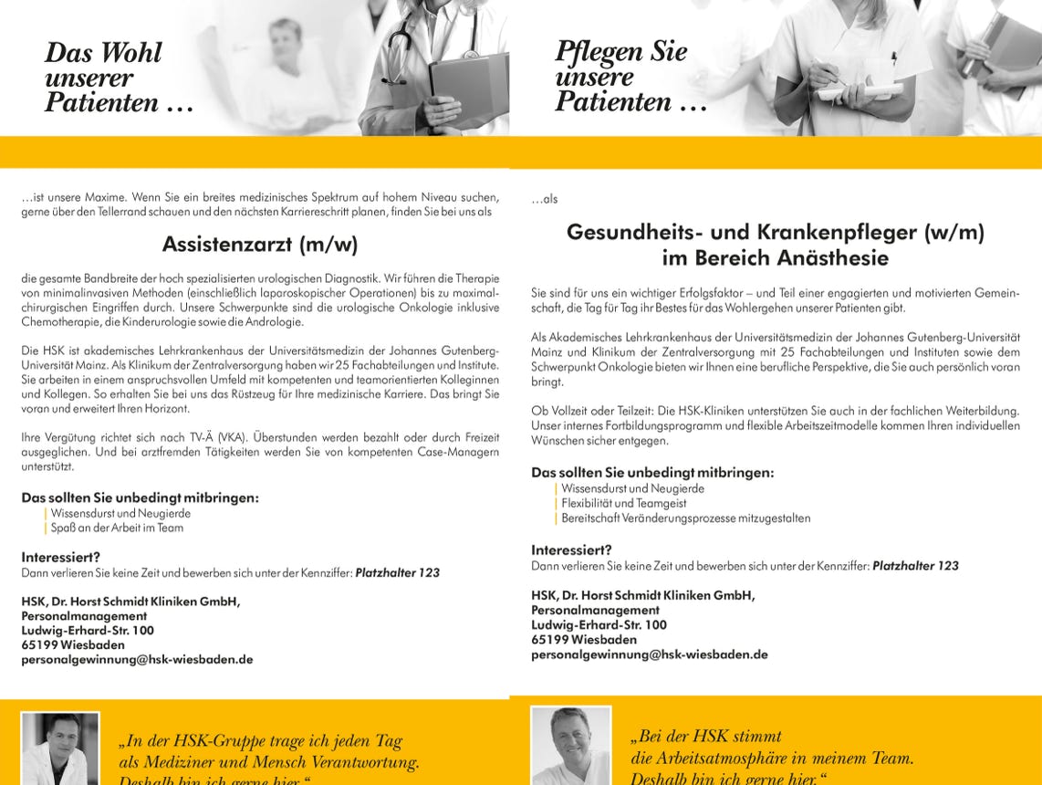 Anzeigenkampagne HSK sucht Fachkräfte im Medizinbereich